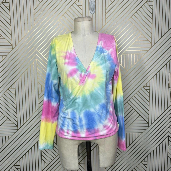 CHASER Long Sleeve Ballet Wrap Top In Tie Dye Pink Yellow Size Large - Picture 2 of 12
